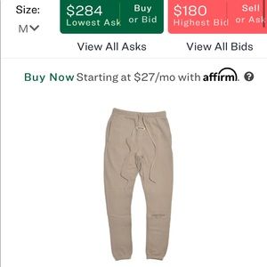 $285 FEAR OF GOD ESSENTIALS Sweatpants Tan